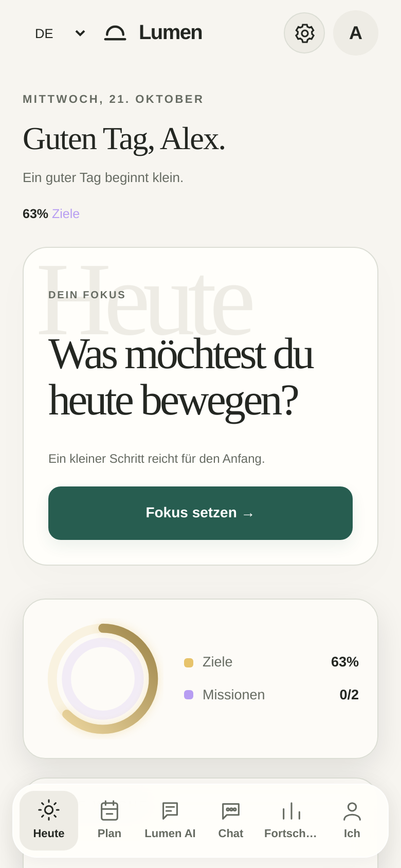 Lumen Heute-Ansicht mit Tagesfokus und Fortschrittsringen