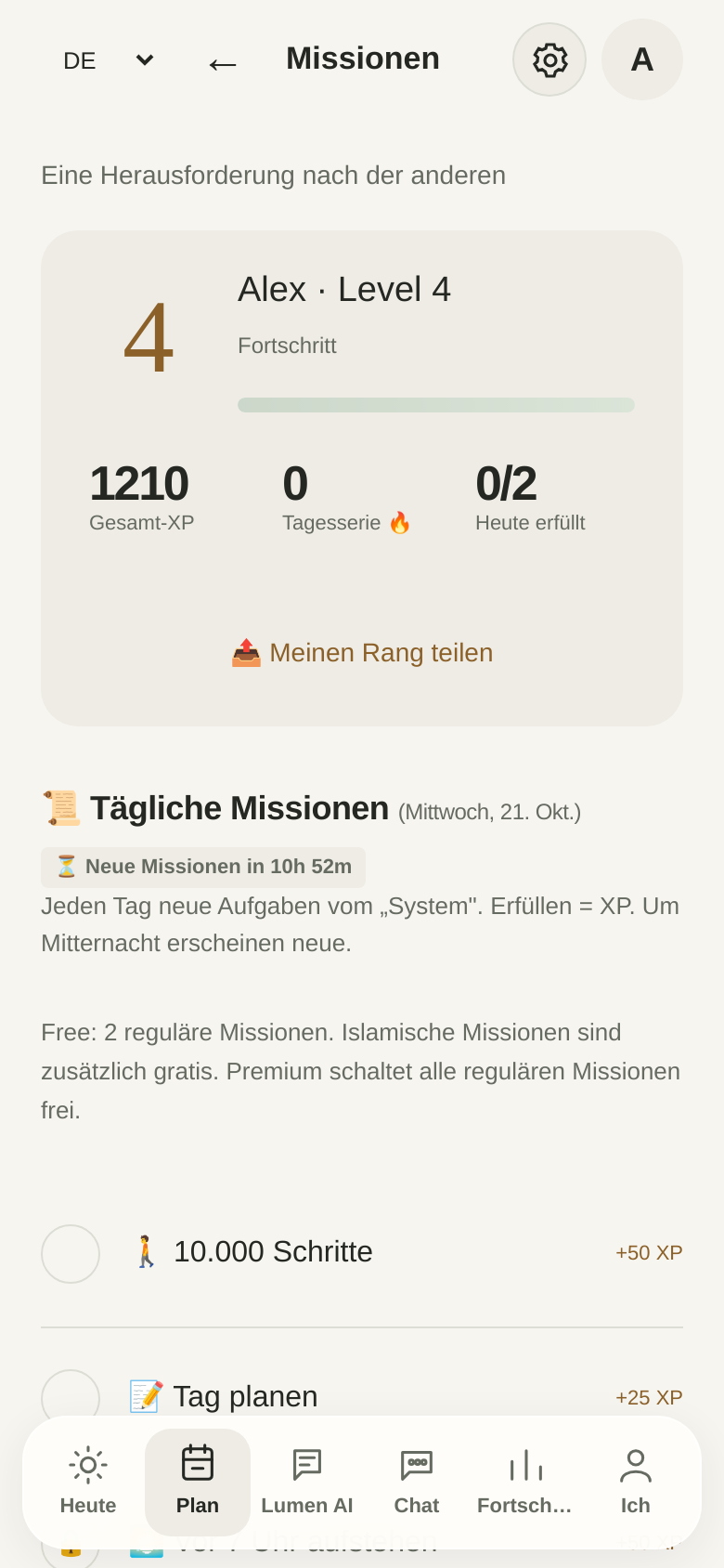 Lumen Missionen mit Level und XP